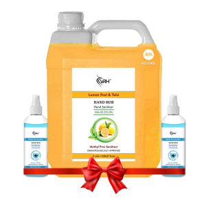 VRH 5 Litre Lemon Tulsi & Rose Hand Sanitizer, Anti Bacterial Liquid Methyl Free Hand Sanitizer Combo pack, Alcohol based Disinfectant Liquid Based (Rose & Aloevera)